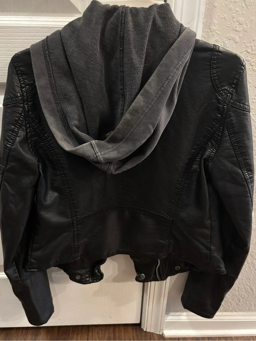 We The Free Black Faux Leather Hooded Bomber with Snap Front